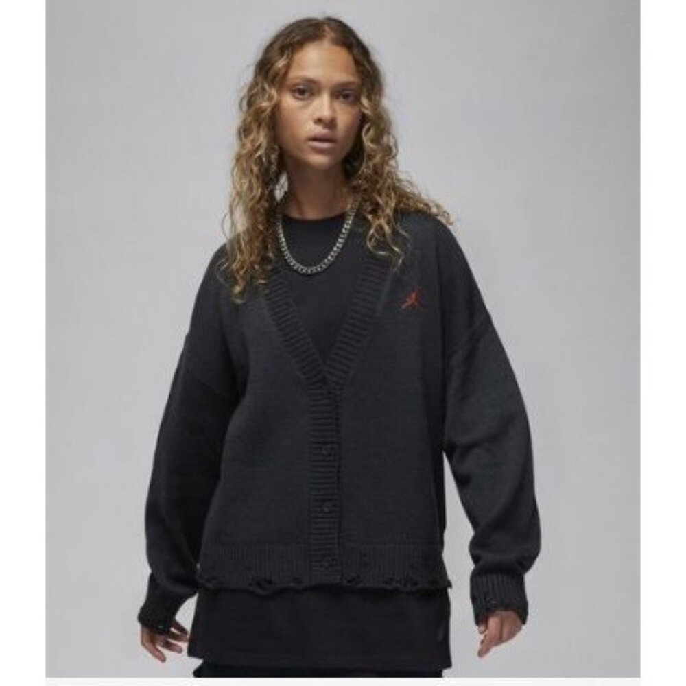 Nike Jordan womens wool blend distressed knit cardigan black‎ embroidered sz M